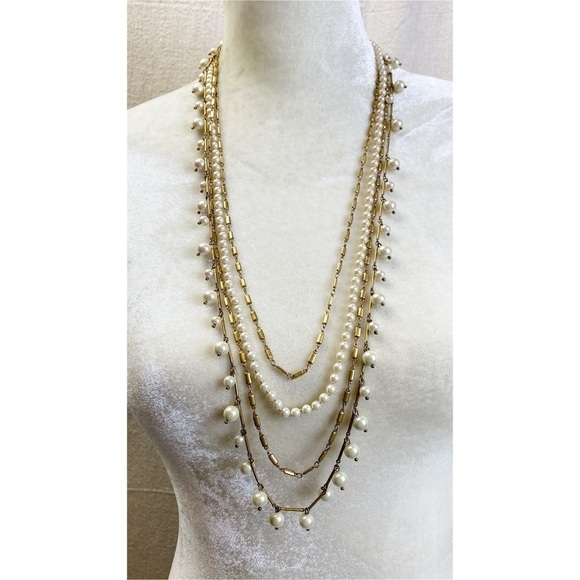J crew multi strand faux pearl gold tone layered chain necklace - Picture 1 of 7